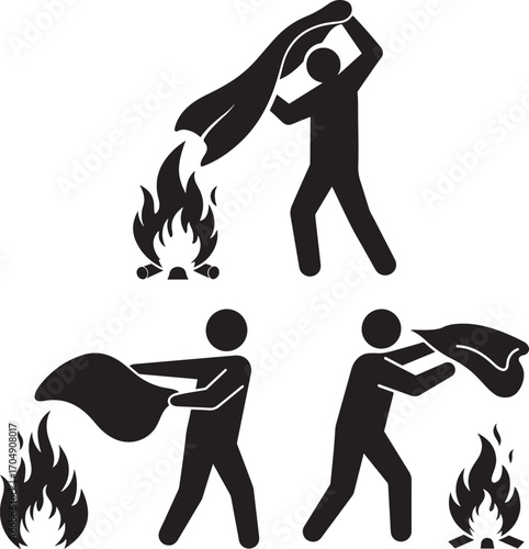 Man putting out fire with blanket silhouette