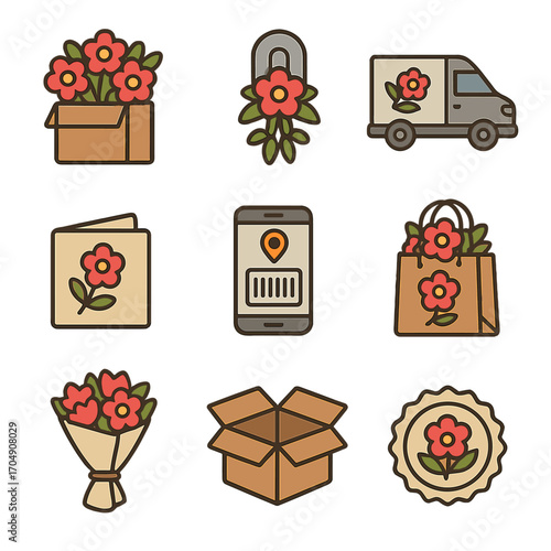Flower Delivery Icons. Flat icon set of flower delivery icons: bouquet box, doorbell flowers, delivery van,