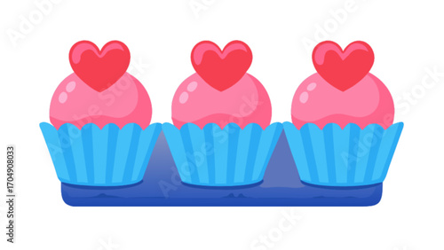 Three valentine's day cupcakes vector illustration with heart toppers and blue cupcake liners art