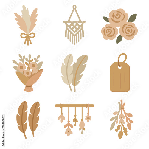 Boho Floral Icon Set. Flat icon set of boho floral decor: pampas bunch, macrame holder, peach roses, dried