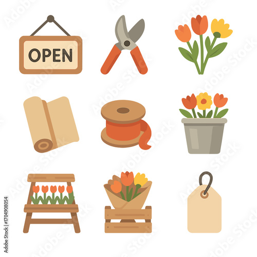 Flower Shop Icons. Flat icon set of seasonal flower shop items: open sign, florist scissors, fresh blooms,