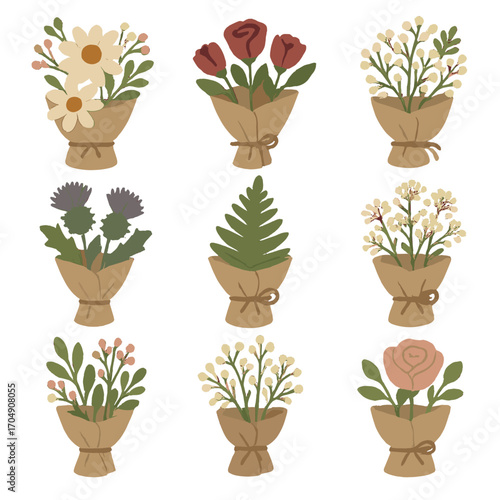 Rustic Flower Icon Set. Flat icon set of rustic flower bundles: burlap wrap, wild roses, baby’s breath,