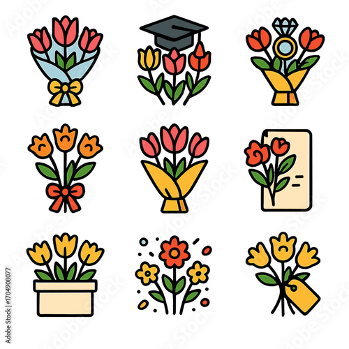 Celebration Flower Icons. Flat icon set of celebration flower icons: anniversary bouquet, graduation blooms,