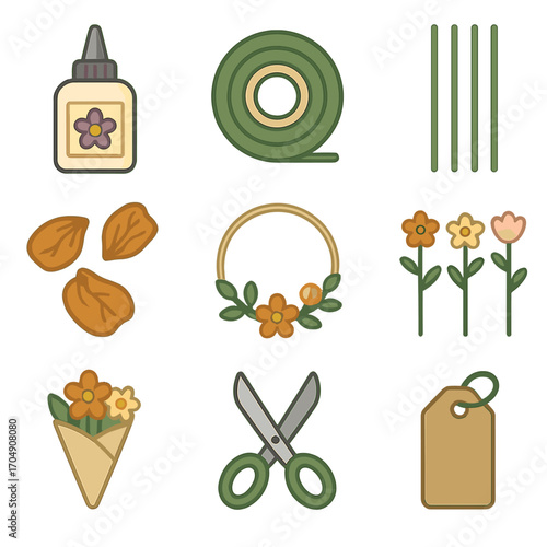 DIY Floral Icon Set. Flat icon set of DIY floral crafts: floral glue, bouquet tape, stem wire, dried petals,