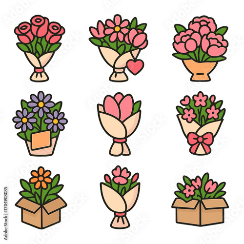 Mother's Day Flower Icons. Flat icon set of Mother’s Day bouquets: pink roses, mixed blooms, heart tag,
