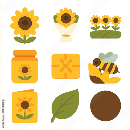 Sunflower Icon Collection. Flat icon set of sunflower-themed items: sunflower bloom, sunflower bouquet, field