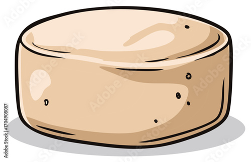 Round Beige Cake or Cheese Head with Black Outlines and Shadow, Isolated on White