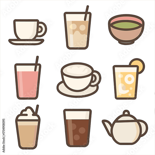Cafe Drink Icons. Flat icon set of cafe drinks: espresso cup, iced latte, matcha tea, smoothie, cappuccino,
