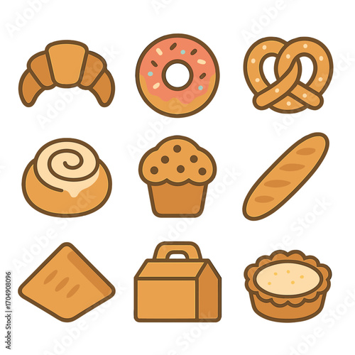 Bakery Treats Icons. Flat icon set of bakery street foods: croissant, donut, pretzel, cinnamon roll, muffin,