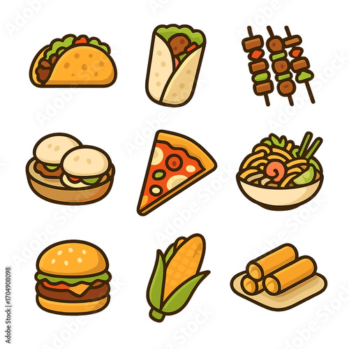 Street Food Icons. Flat icon set of popular street food dishes: tacos, falafel wrap, grilled skewers, bao buns
