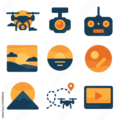 Drone Sunset Icons. Flat icon set of drone sunset views: drone in air, camera gimbal, remote control,