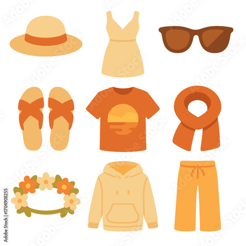 Sunset Fashion Icons. Flat icon set of sunset-inspired fashion: straw hat, linen dress, sunglasses, beach