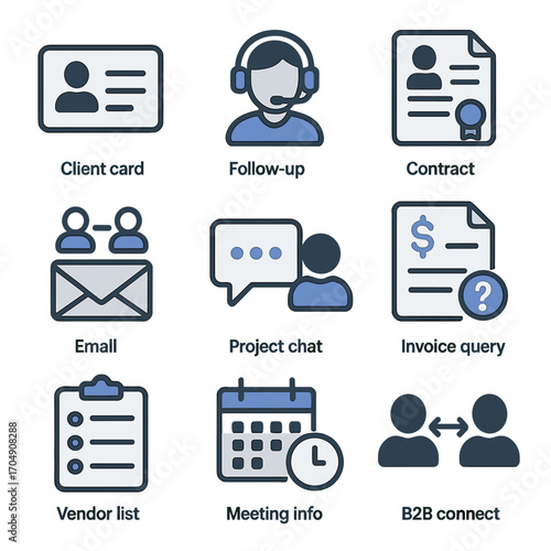 Professional Contact Icons. Flat icon set of professional contact scenarios: client card, follow-up call,