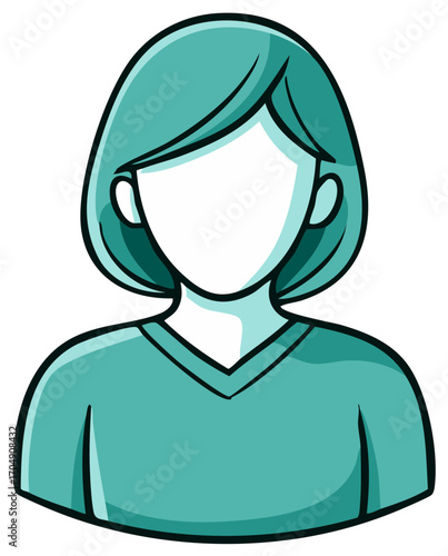 Cartoon Woman with Blank Face and Teal Hair Wearing a V Neck Shirt Character Design
