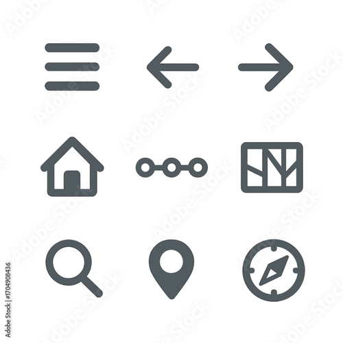 Modern Navigation Icons. Flat icon set of navigation elements: hamburger menu, back arrow, forward arrow, home