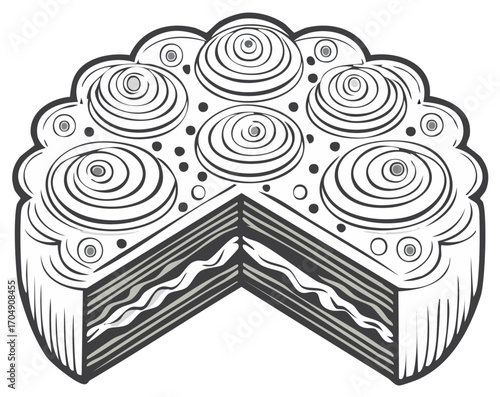 Black and white illustration of a cake cut open and decorated, showing detail.