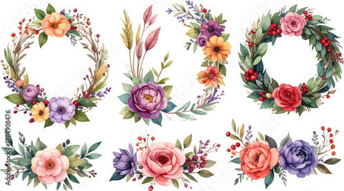 Elegant watercolor wreaths for all seasons. Vibrant and artistic flower wreaths in watercolor. Creative botanical wreaths for event decorations. Delicate and unique wreath designs with flowers