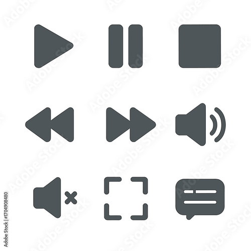 Media Control Icons. Flat icon set of media controls: play, pause, stop, rewind, fast forward, volume, mute,