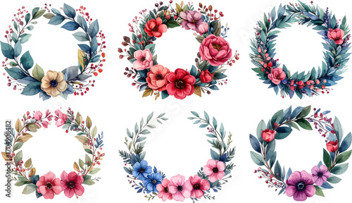 Floral wreaths with elegant flower designs in watercolor. Delicate wreath designs with blooming flowers. Unique watercolor floral wreaths for decoration. Vibrant wreath collection with blooming floral