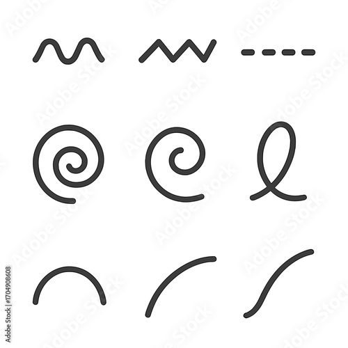 Abstract Line Icons. Flat icon set of abstract lines and shapes: wavy line, zigzag line, dashed line, dotted