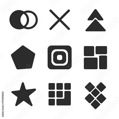 Geometric Icon Grid. Flat icon set of abstract composition shapes: overlapping circles, intersecting lines,