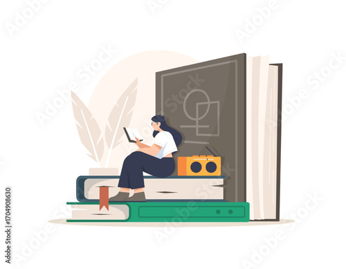 Book Lover,Concept Showing a group of book lover killing time relaxing in a book shape tent, Suitable for landing page