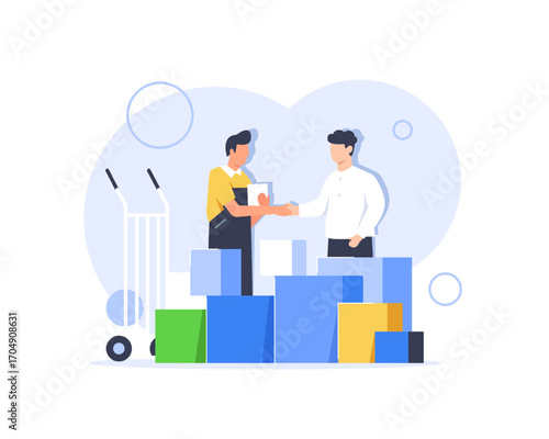 delivery man standing with parcel box and list of parcels,flat design icon vector illustration