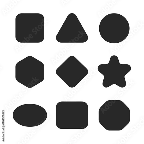 Rounded Shape Icons. Flat icon set of rounded geometric shapes: rounded square, rounded triangle, rounded