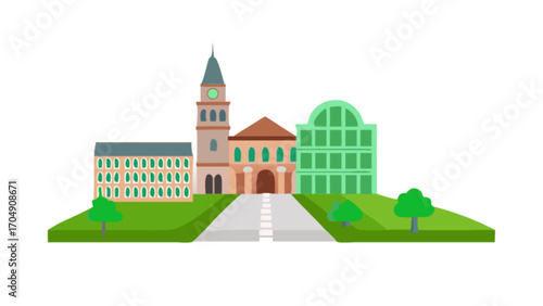 Illustration of city buildings architecture with clock tower and green spaces for graphic design use