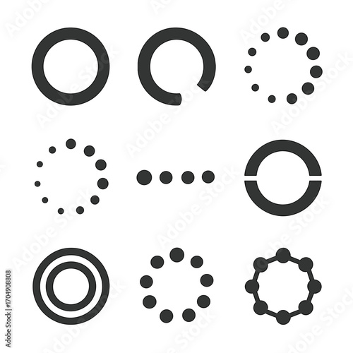 Loading Indicators Icons. Flat icon set of circular loading indicators: pulsing ring, rotating circle,