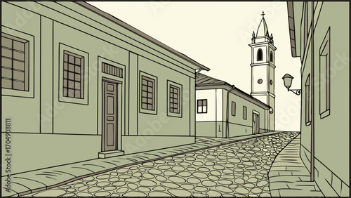 Vintage european street scene with cobblestone road and church tower vector illustration art