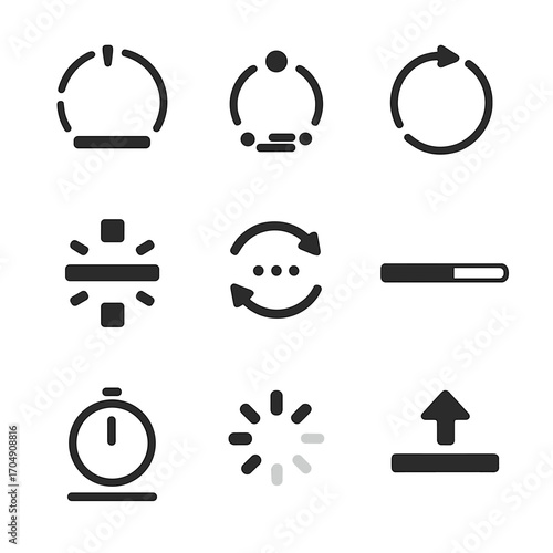 Loading Icons Grid. Flat icon set of loading and progress combos: spinning circle with bar, bouncing dots with