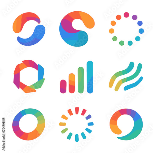 Abstract Loader Icons. Flat icon set of abstract loaders: swirling shapes, fluid motion, dynamic dots,