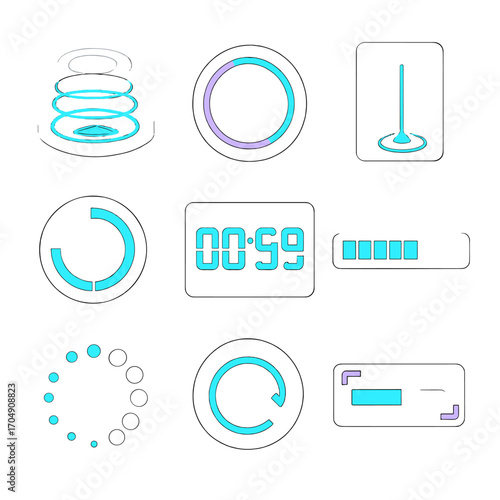 Futuristic Loader Icons. Flat icon set of futuristic loaders: holographic spinner, neon ring, laser beam