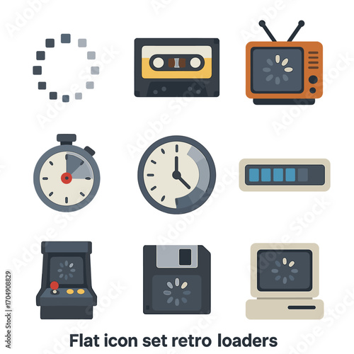 Retro Loaders Icons. Flat icon set of retro loaders: pixel spinner, cassette tape loader, retro TV loading,