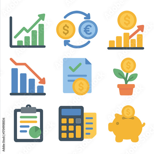 Financial Charts Icons. Flat icon set of financial charts: stock market, currency exchange, profit growth,