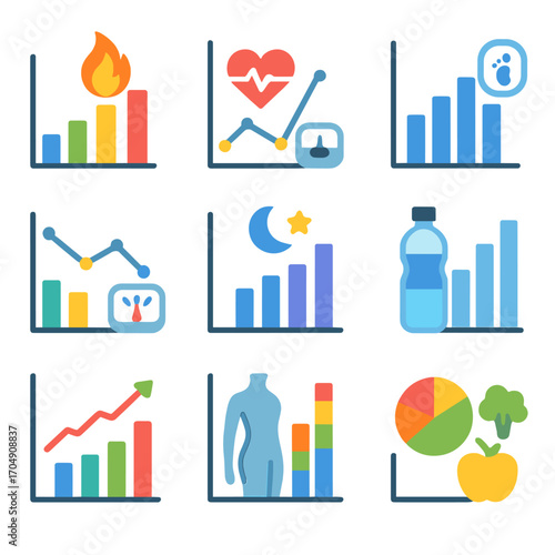 Health and Fitness Icons. Flat icon set of health and fitness charts: calories burned, heart rate, steps count