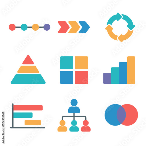 Business Infographics Grid. Flat icon set of business infographics: timeline, process flow, cycle diagram,