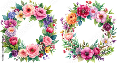 Exquisite and colorful floral wreaths for home. Hand-drawn botanical wreath designs in watercolor. Bright watercolor floral wreaths for creative projects. Vibrant and floral wreaths for seasonal event