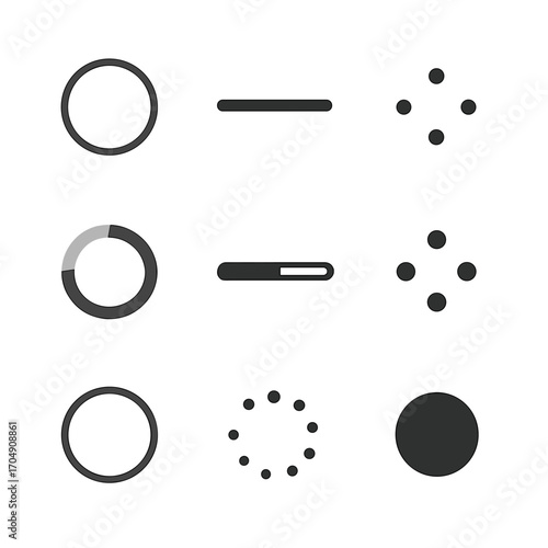 Minimal Loader Icons. Flat icon set of minimal loaders: simple circle, thin bar, small dots, light spinner,