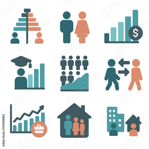 Demographic Chart Icons. Flat icon set of demographic charts: age distribution, gender ratio, income brackets,