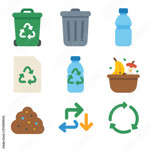 Recycling Icons Grid. Flat icon set of recycling and waste management: recycle bin, trash can, reusable bottle