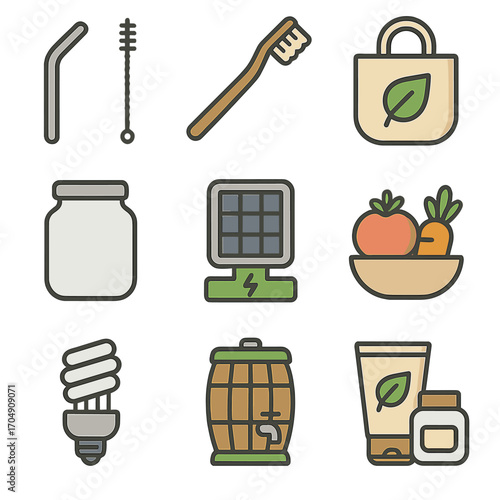 Eco Lifestyle Icons. Flat icon set of eco lifestyle icons: reusable straw, bamboo toothbrush, cloth bag, glass