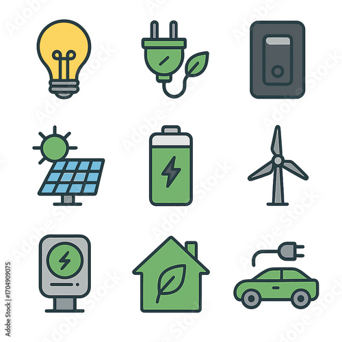 Energy Conservation Icons. Flat icon set of energy conservation symbols: light bulb, power plug, switch off,