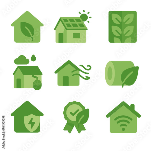 Green Architecture Icons. Flat icon set of green architecture: eco house, solar roof, green wall, rainwater