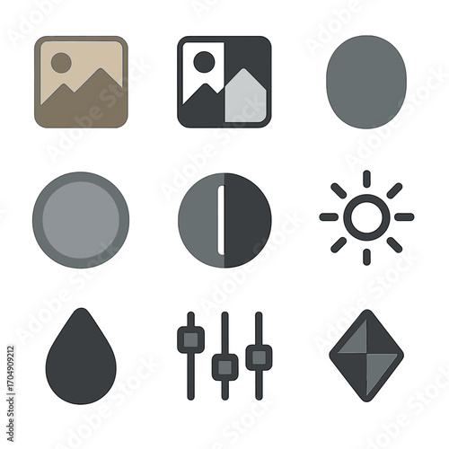 Media Filter Icon Set. Flat icon set of media effects and filters: sepia, black and white, blur, sharpen,