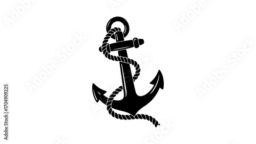 Black anchor with rope with transparent background