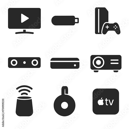 Media Devices Icons. Flat icon set of media streaming devices: smart TV, streaming stick, gaming console,