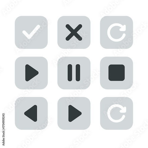 UI Button Icon Set. Flat icon set of UI buttons: submit button, cancel button, reset button, play button,