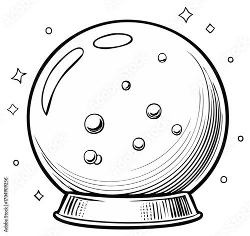 Crystal Ball Illustration with Bubbles and Stars for Magic or Decoration Purposes in Black and White